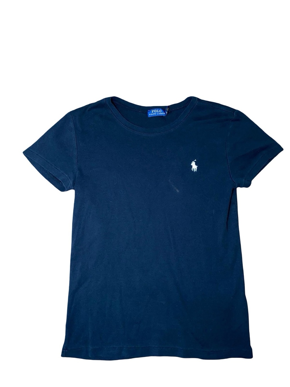 Polo Ralph Lauren Navy Blue Crewneck T-Shirt White Pony Embroidered Logo STAINED